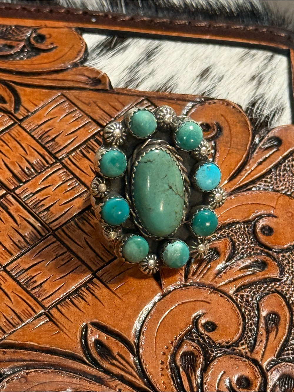 Brand new Navajo handmade Robert Shakey turquoise Cluster Ring adjustable